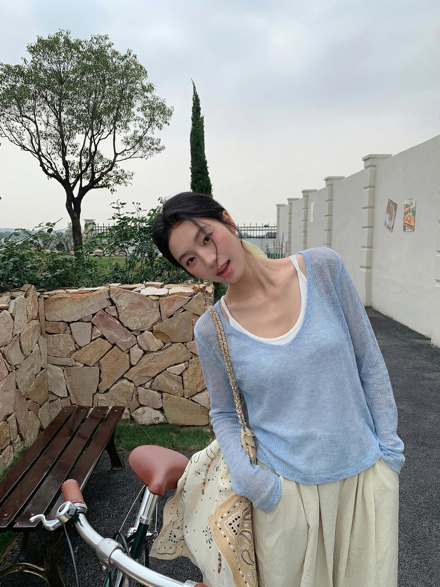 

Crucreamsu Hollow out Knitted T-Shirt Cover up Women's Vest Top with Chest Pad French Style Breathable Long Sleeve Top