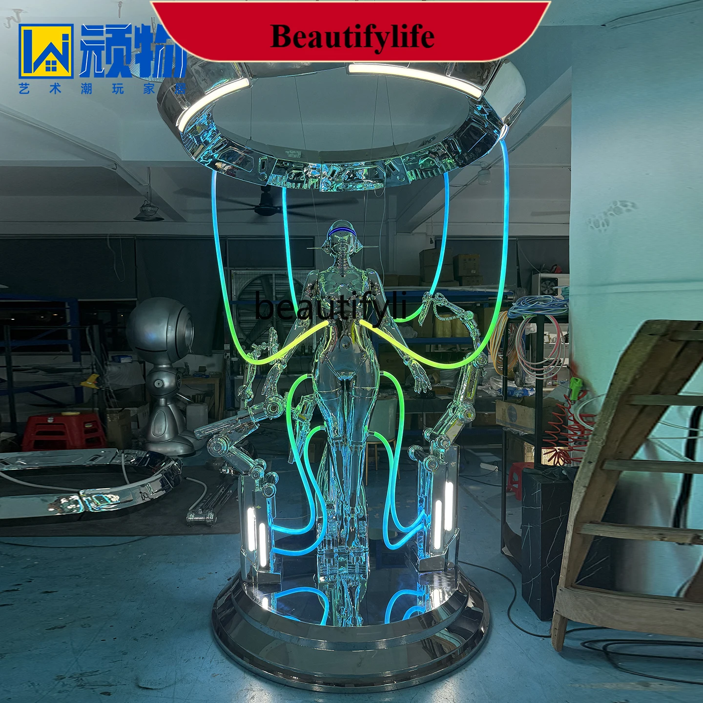 D178 KTV Club Internet Cafe Bar Large Mechanical Girl Electroplated Empty Mountain Base Device Decoration Floor Sculpture Orname