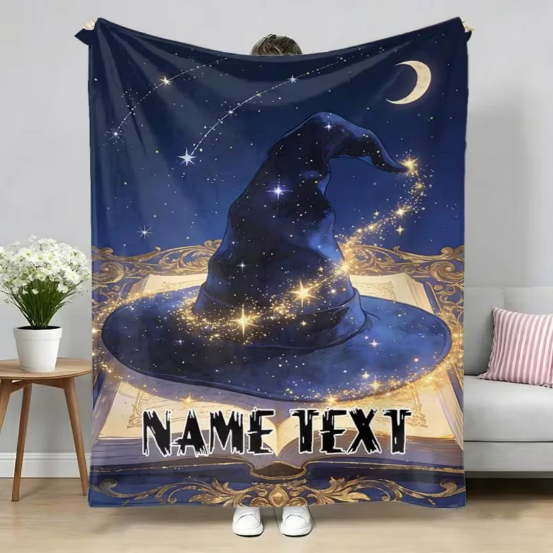 Personalized Magic Element Wizard Hat Magic Book Name Text Blanket, Soft Warm Digitally Printed Flannel Throw for Sofa Bed Campi