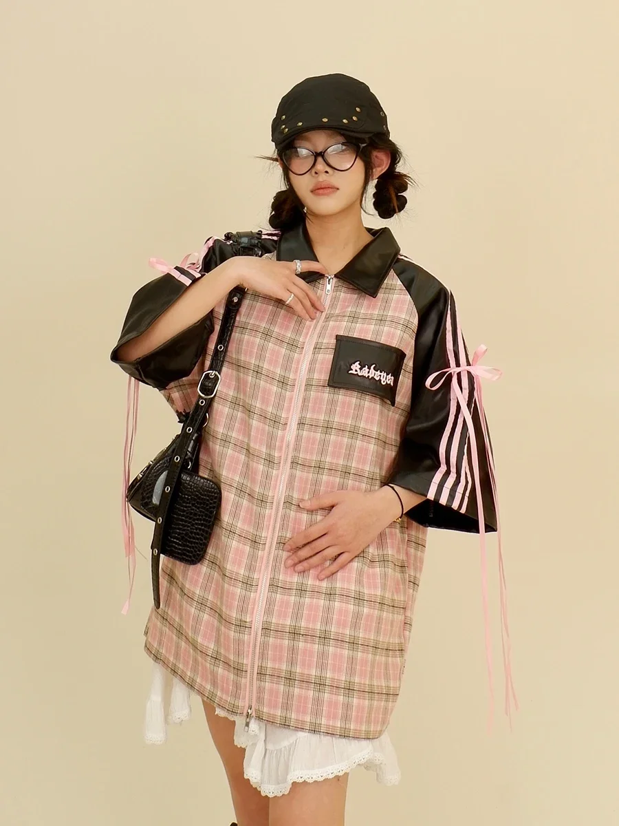 

PU Leather Splicing Strap Short-sleeved Shirts 2024 Spring and Summer New Loose Bf Japanese Sweet and Cool Top Women