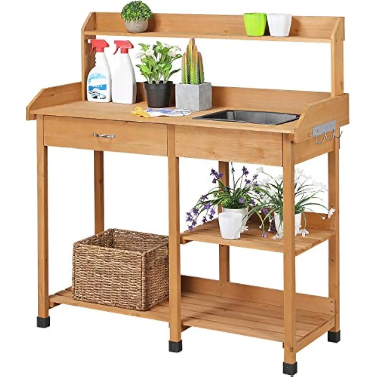 Outdoor Potting Bench with Removable Sink and Storage Drawer, Wooden Garden Work Table with Hooks and Shelves for Patio Backyard