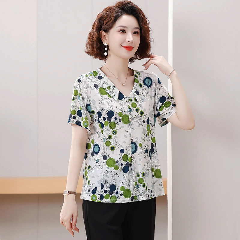 خمر التلبيب زر مطبوعة خمر قمصان الصيف جديد فضفاض كل مباراة قمم مكتب سيدة البلوزات الملابس النسائية