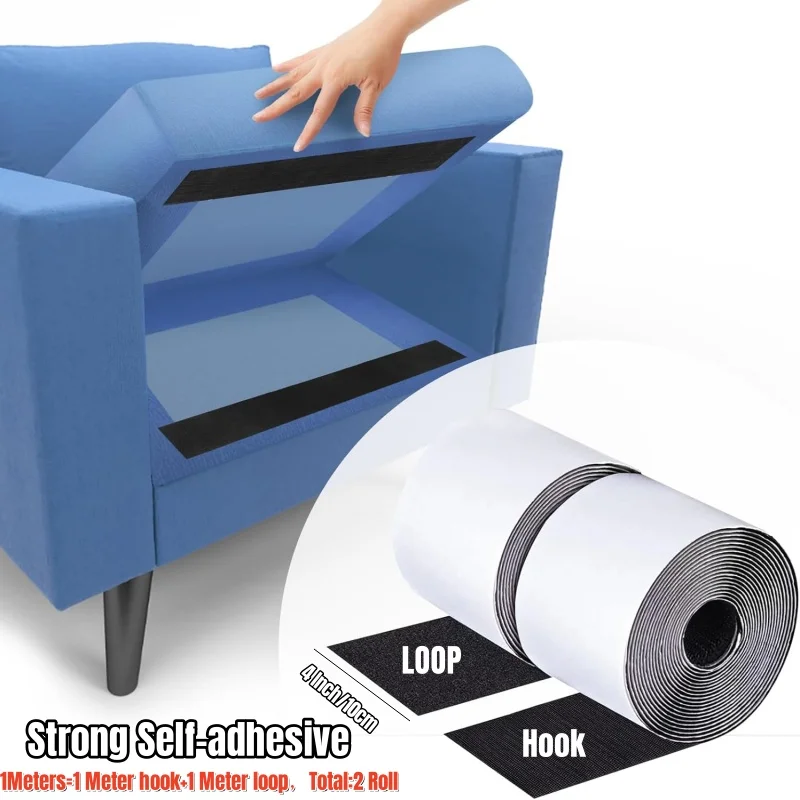 2 Rolls Non-Slip Sofa Cushion Tape Width 10cm Black Nylon Sticker Hook and Loop Fastener Tape Adhesive Rug Grippers Wall Strips
