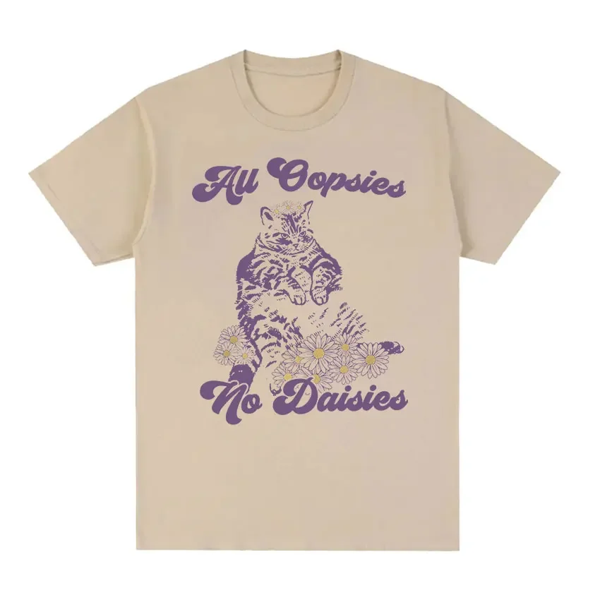 Женская и мужская Винтажная футболка, Повседневная футболка оверсайз из 100% хлопка, с принтом «Кот», без маргариток