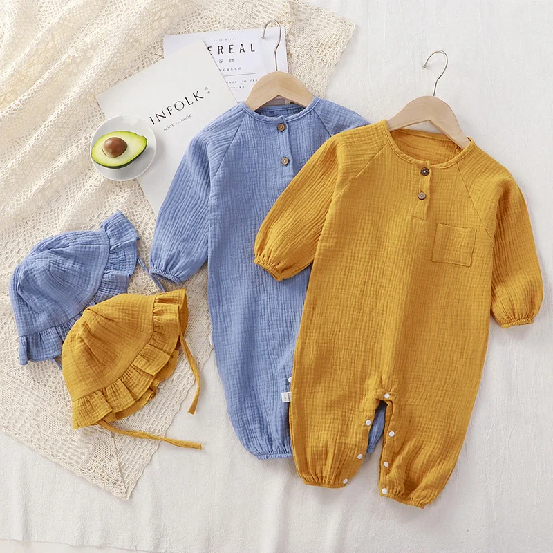 Muslin Baby Romper Hat 2Pcs Cotton Kids Jumpsuit Newborn Girl Boy Clothes Toddler Onesie Infant Ouitfit Set Baby Clothing