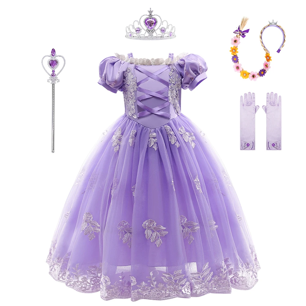 

2025 New Year Kids Purple Puff Sleeve Princess Dress With Crown Carnival Rapunzel Cosplay Birthday Party Ball Gown Clothes 1-10Y