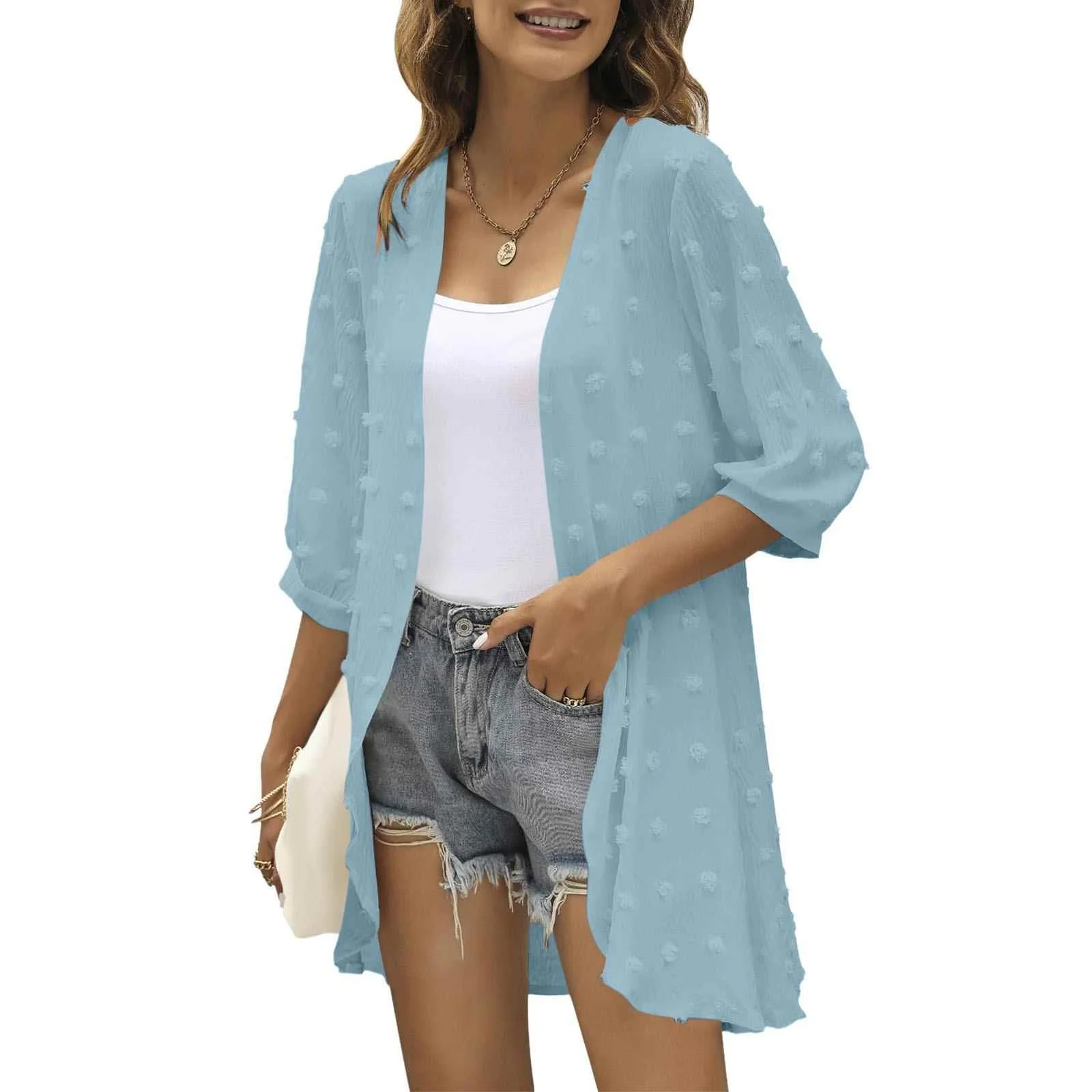 

Women's Casual Long Sve Ice Silk Material Open Cardigan Outerwear Sun Protection Seven-Quarter Sve Top Faionable