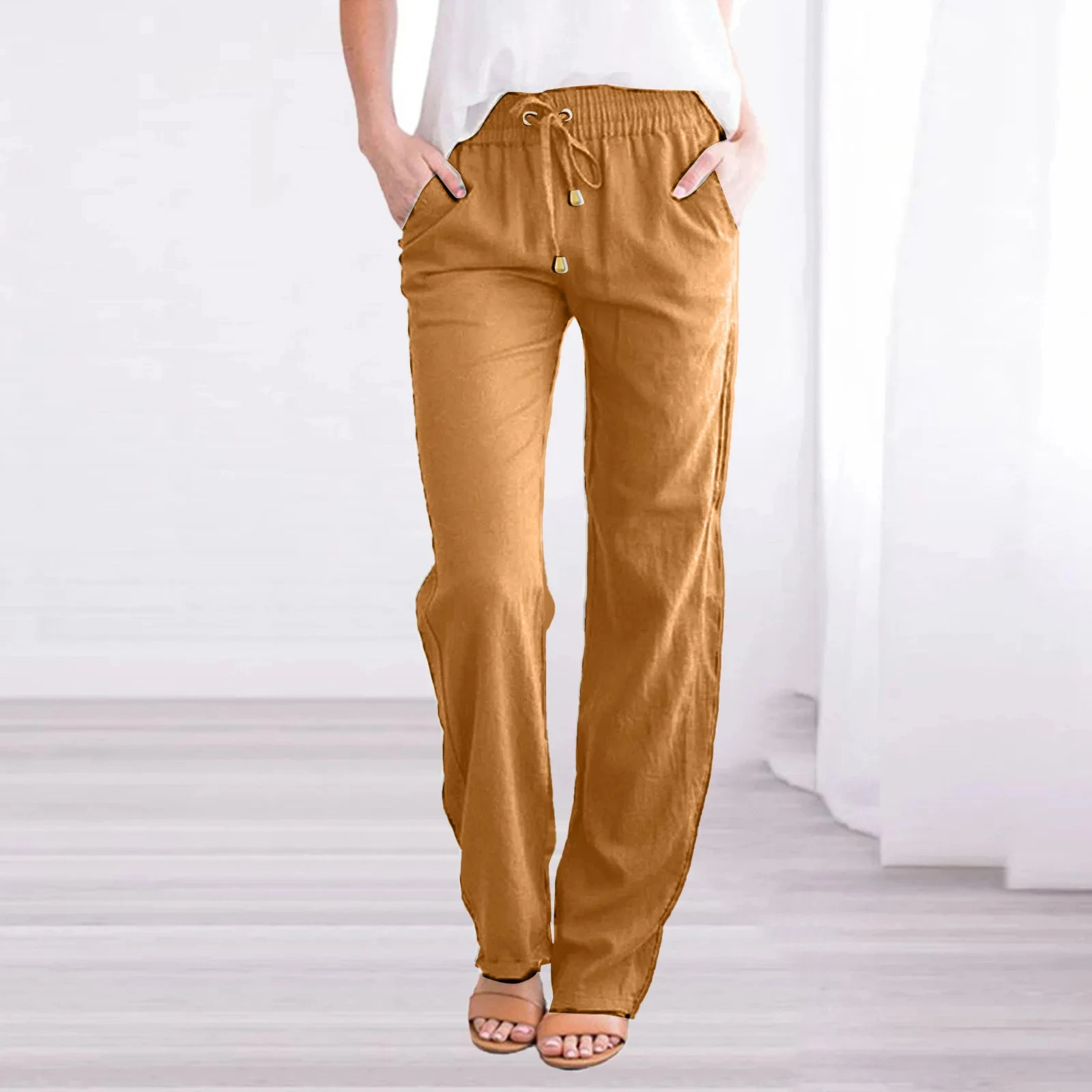 2024 Spring New Spring And Summer Women's Cotton Linen Drawstring Loose Wide-Leg  Pocket Pants Hot Sale Long Trousers