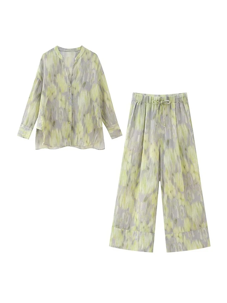 Women's single-breasted V-neck long-sleeved shirt Drawstring high-waisted wide-legged trousers Retro Printed Cotton Set