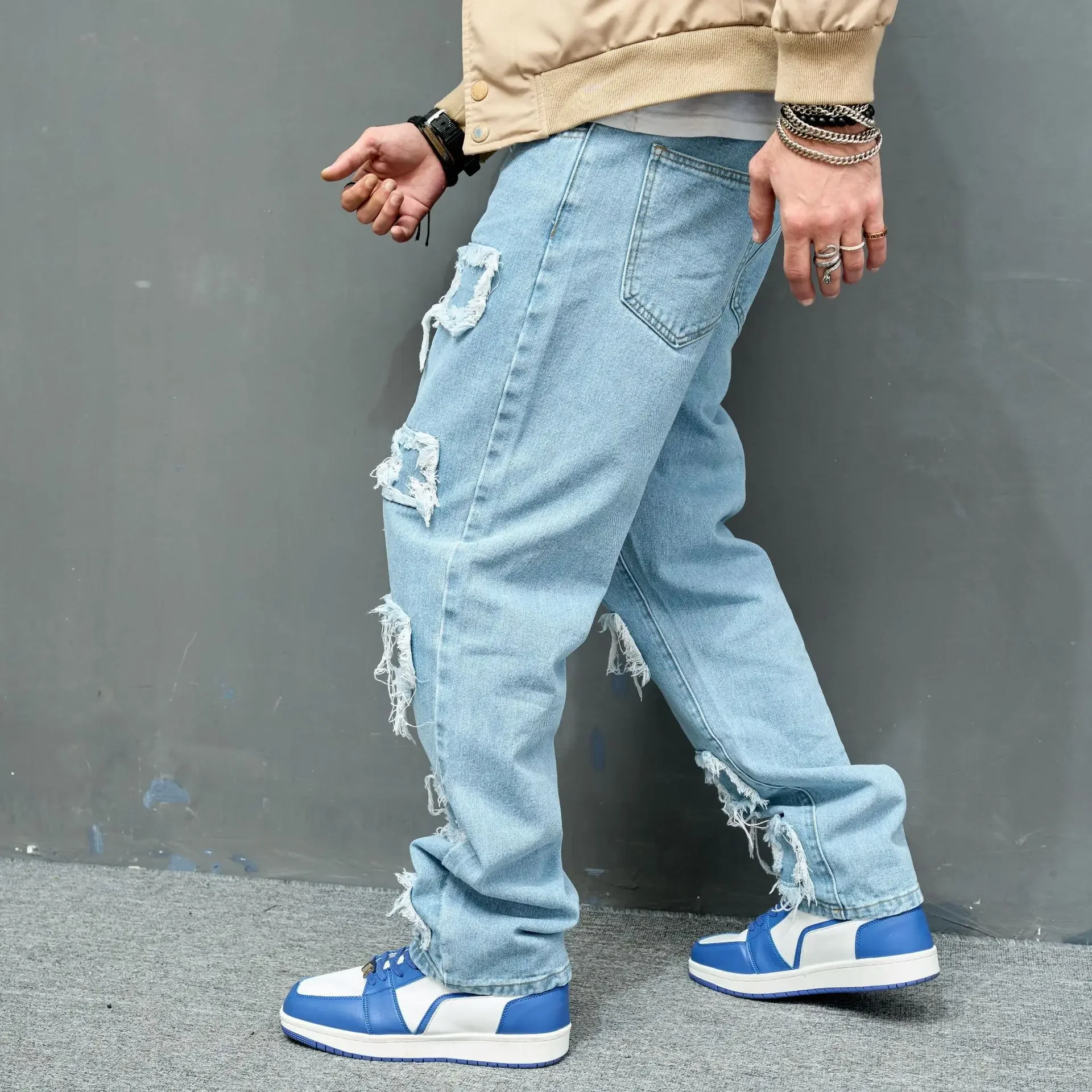 European and American Fashion Youth High Street Trendy Brand Bionic Jeans, Trendy Solid Color Slim-Fit Ripped Stretch Jeans