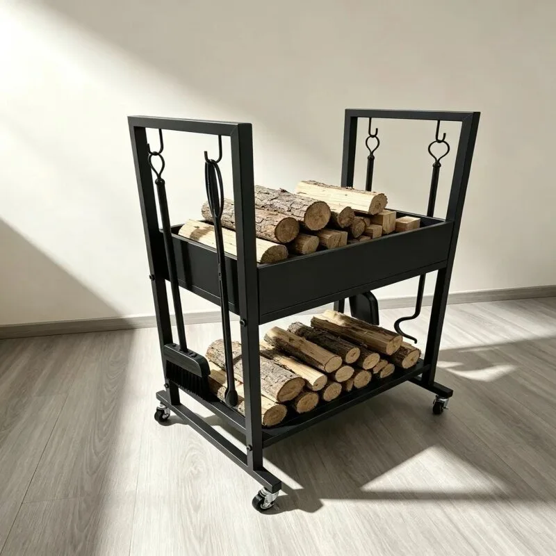 Firewood Rack Wrought Iron 2 Tier Freestanding Log Holder Rolling Fireplace Wood Storage
