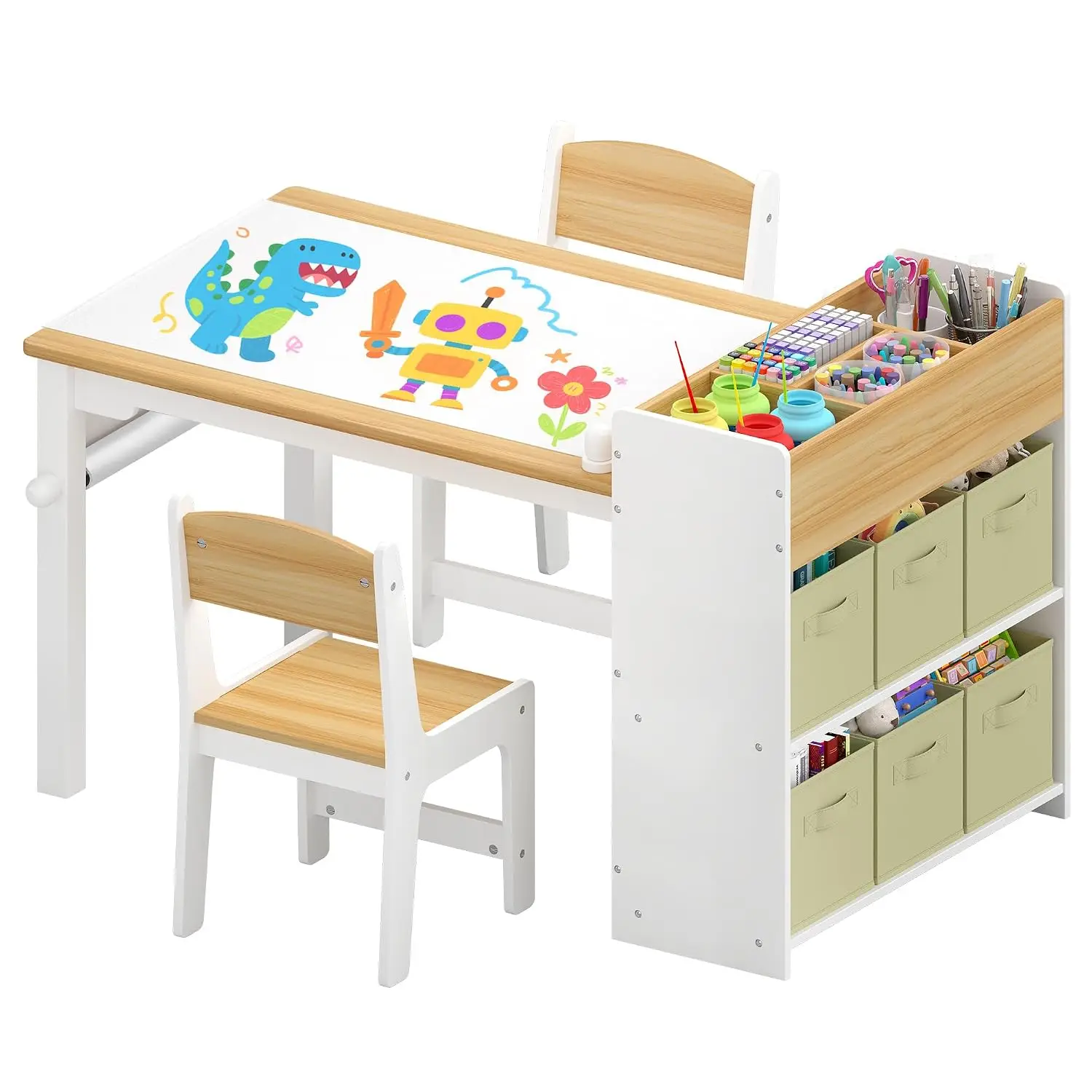 Kids Activity Table & Chair Set Wood w/Storage & Paper Roll, Drawing Desk for Playroom Nursery Home Ages 3+, Customized