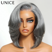 UNICE Hair Layered Blowout Salt & Pepper Glueless Human Hair Wig Pre Cut 6.5x1.5 Lace Short Bob Side Part Grey Wig 150% Density