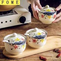 1/2pcs Ceramic Salt Seasoning Jar With Lid And Spoon Kitchen Spice Jars For Sugar/Pepper/Tea Condiment Storage Seasoning Bowl