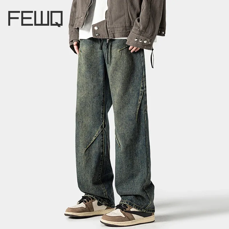 

FEWQ Spring American Washed Spliced Jeans Vintage 2024 High Street Pleated Design Wide Leg Male Trousers Fashion 24X8097