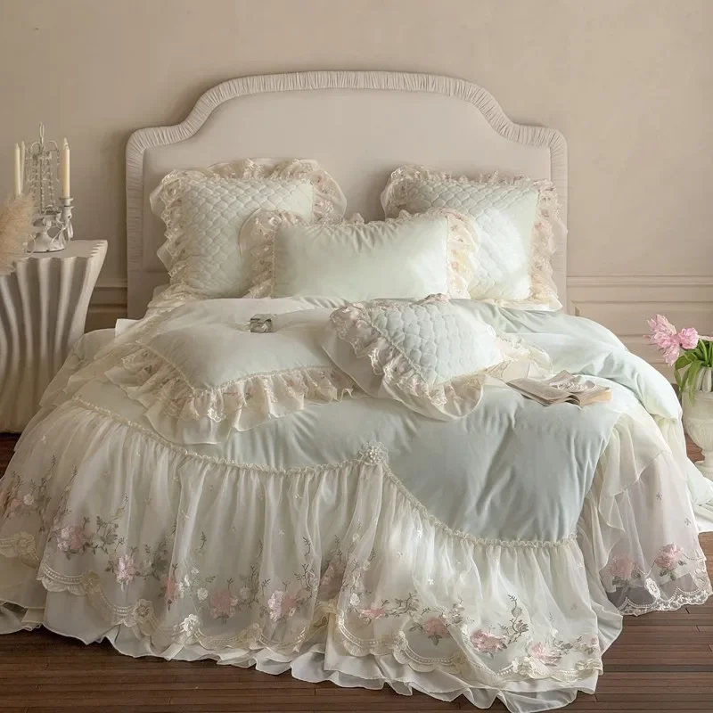 4 Pieces Premium French Princess Style Cotton 100% Bedding Set Large Duvet Cover Queen King Size Pillowcase Bed Sheet Summer