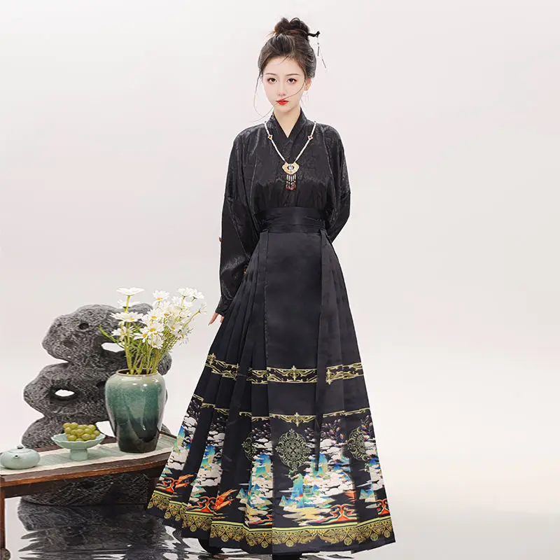 Hanfu tradisional Cina Set Wanita rok wajah kuda Set harian tambal sulam cetak musim dingin musim semi Cosplay gaun Cina