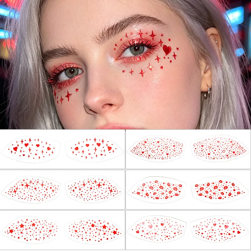 6 sheets Red Metallic Waterproof Temporary Tattoo for EYE Sticker Y2K Eyeliner Stickers Rave Makeup