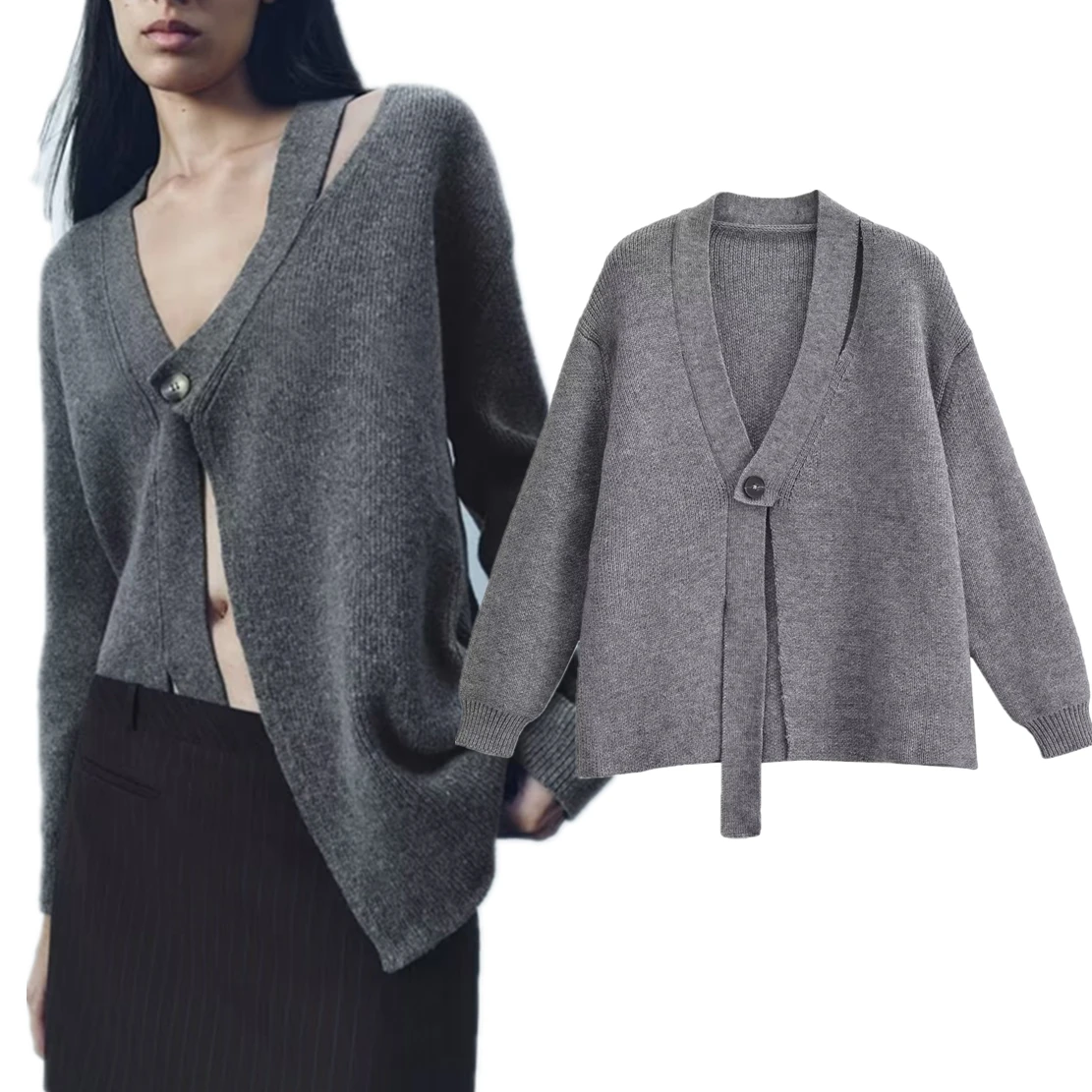 Withered French Lazy Style Design Knitted Jacket Gray Simple Sweaters Women\'s Hollowed Out Asymmetrical Cardigan