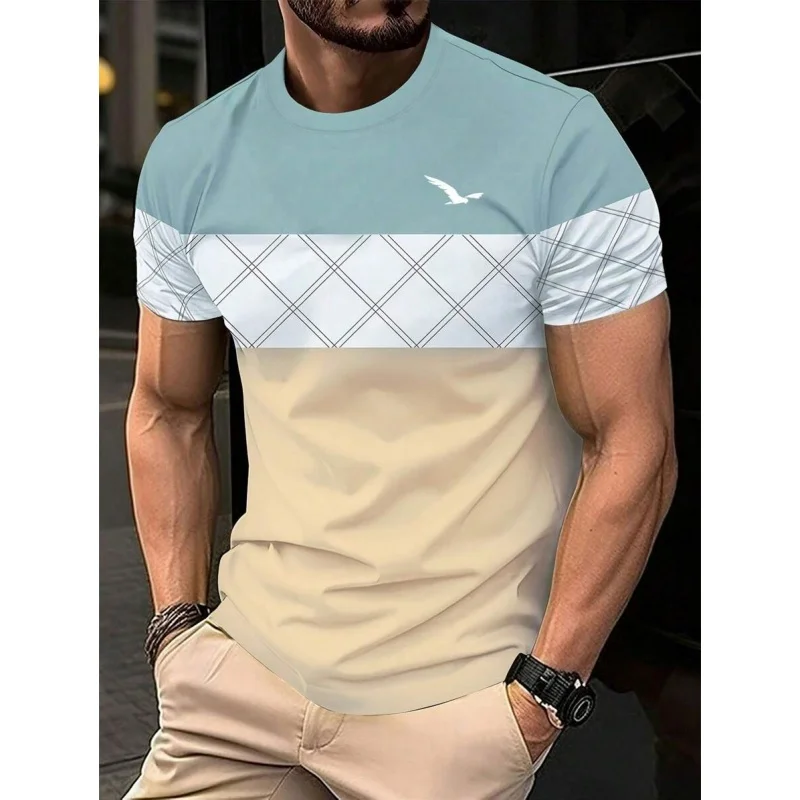 Summer Casual O-Neck Tees Loose Short Sleeves 3D Printed Geometric Splicing T Shirt for Men Colorful Stripes Pattern T-Shirts