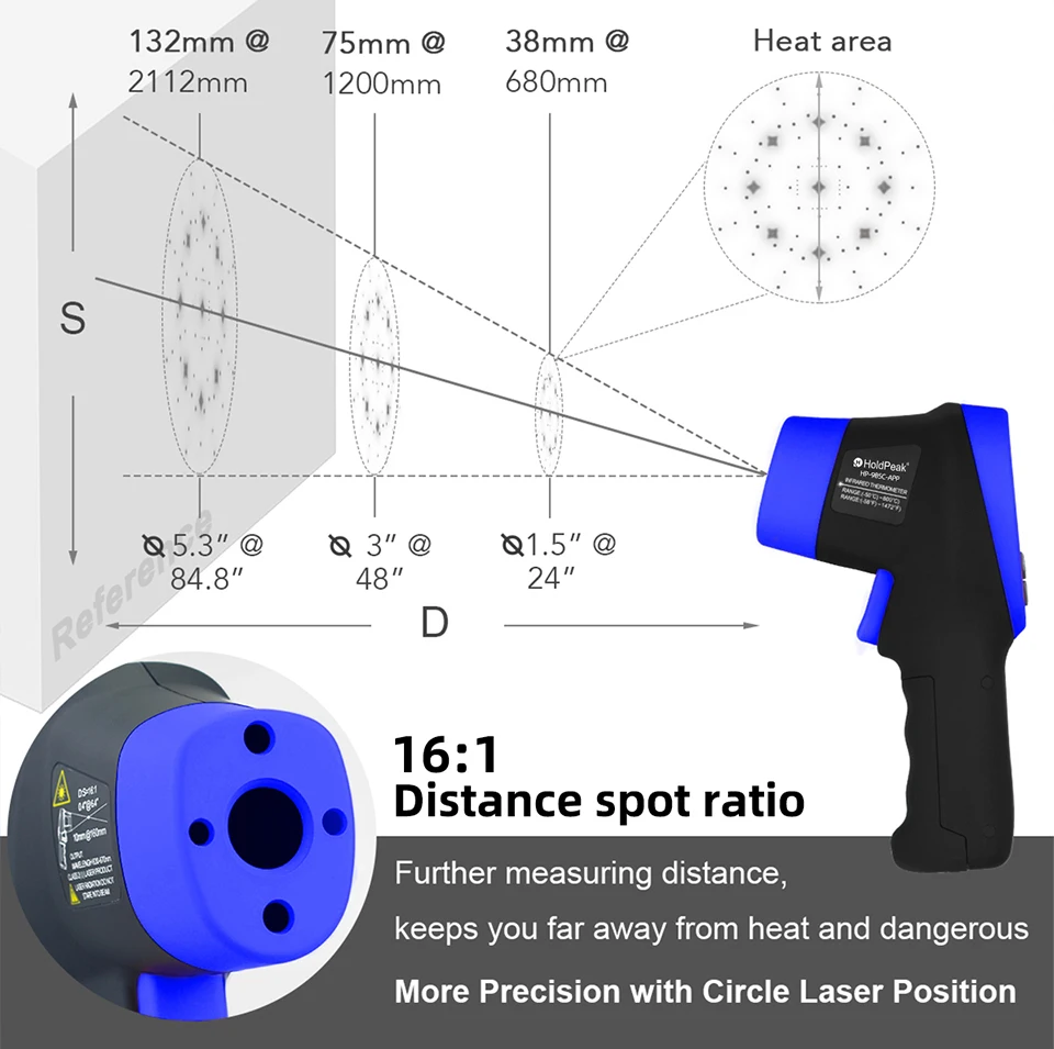 Infrared thermometer,digital laser temperature measurement device infrared16:1instantaneous reading pyrometer Bluetooth 985C-APP