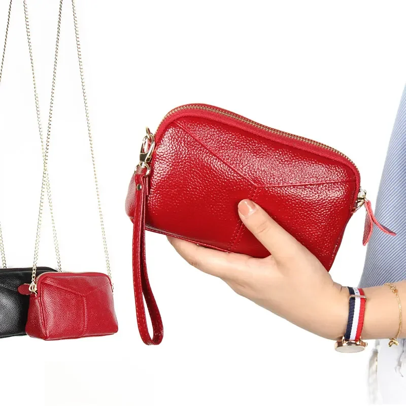 

Genuine Leather Women Wallet Long Zipper Wristlet Bag Chain messenger bag for female Cowhide Coin Purse Mobile phone bags