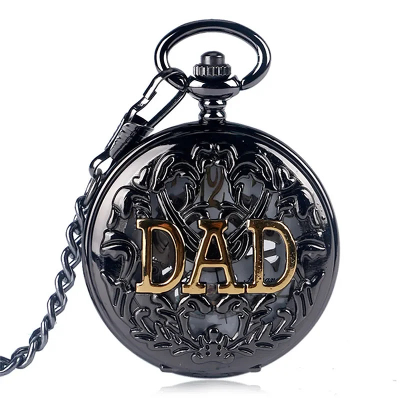 

Steampunk Black Hollow Out Case Men's Handwinding Mechanical Pocket Watch Dad Design Pendant Chain Clock Gift To Father