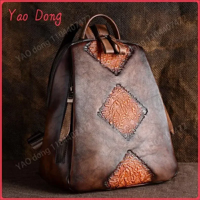 Yao Dong Handmade Retro Embossed Floral Backpack For Women Genuine Cowhide Leather Fashion Women Bag Solid Color Muti-function B