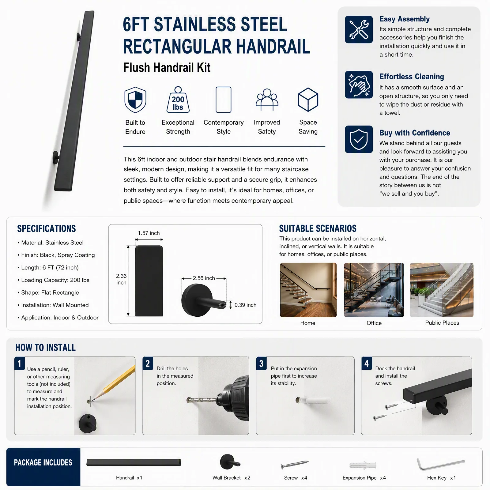 Modern Rectangle Stair Railing Kit 6ft, Professional Stainless Steel Handrail for Indoor & Outdoor Stairs, 200 lbs Capacity Wall Mount Safety Grab Bar for Home Office, Black