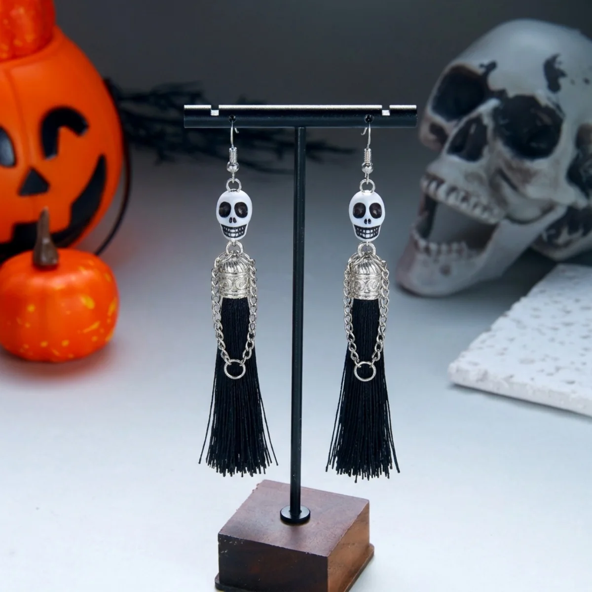 Halloween-Ohrringe mit bunten Quasten und Totenkopf-Anhänger für Damen, Punk-Street-Vintage-Cosplay-Ohrringe mit Skelett-Motiv, Schmuck – Detail 26