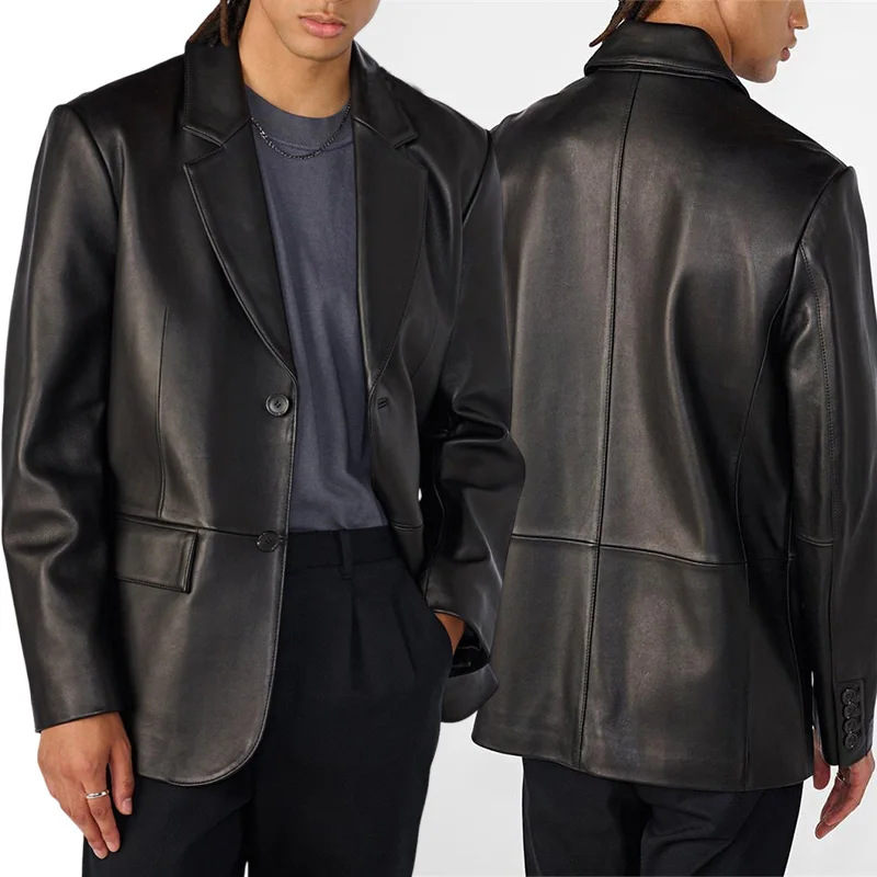 

Autumn Men's Leather Jacket Business Casual Slim Fit PU Leather Coat Italian Tailored Man Blazer