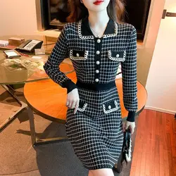 Knit Female Dress Midi Bodycon Knee Length Colorblock Clothing Crochet Women's Dresses Cover Up Plaid Hot Promotion One-piece