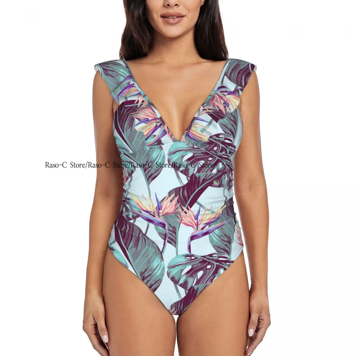 Swimwear Women One Piece Swimsuit Tropical Flowers Jungle Paradise Swimming Bikinis Push Up Monokini Sexy Ruffle Bathing Suit