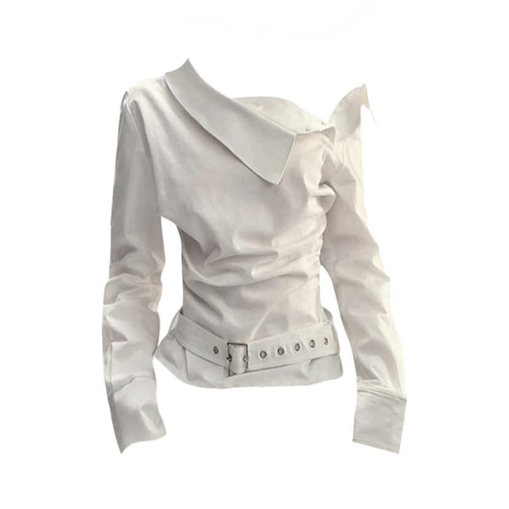 

Women's White Shirts Blouses Y2k 90s Vintage Elegant 2000s Long Sleeve Off Shoulder Shirt with Belt Fashion Clothes Autumn 2025