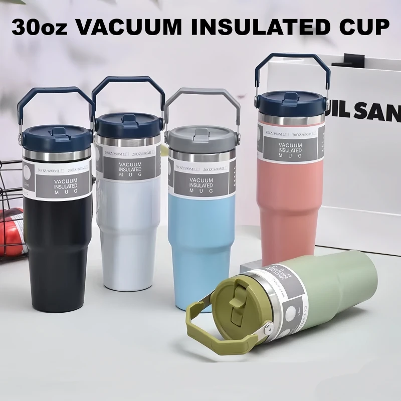 30oz Tumbler 304 Stainless Steel Double Wall Vacuum Car Drivers Leakproof Handle Straw Lid Hot Cold Large Capacity Thermos Cup