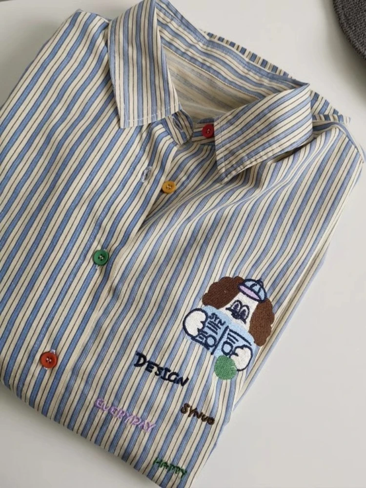 American Sweet Cute Cartoon Dog & Cat Embroidered Striped Button Down Shirt – Oversized Long Sleeve Blouse for Women Girls Loose