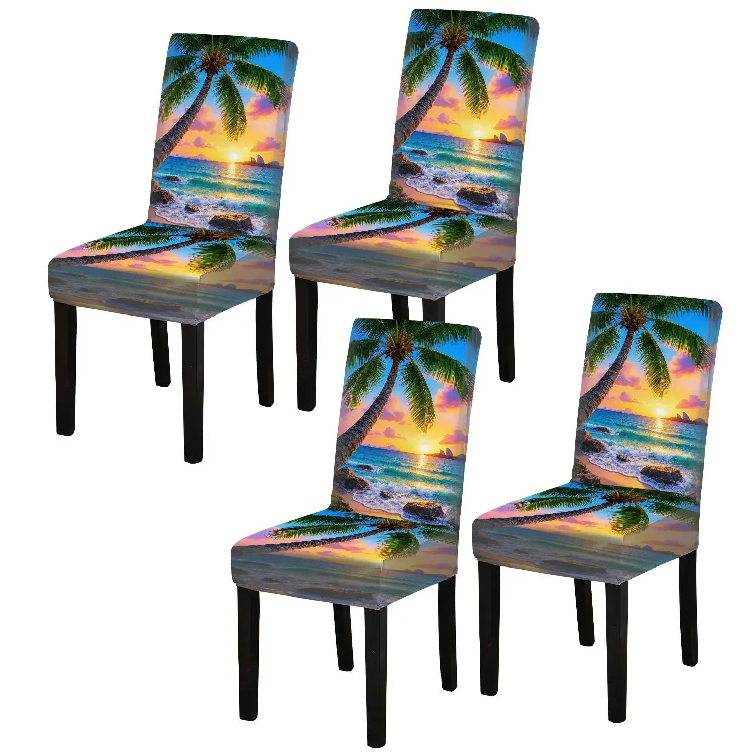 Elastic printed dining chair cover, washable anti-grab dining chair cover, tropical beach sunset scenery pattern
