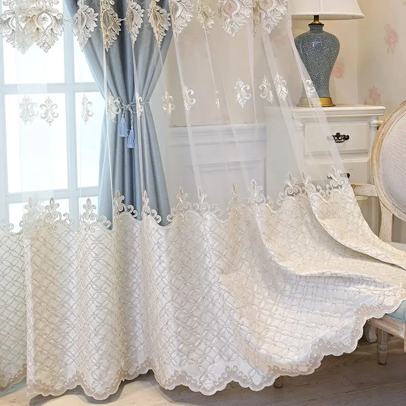 Elegant Double Layer Curtain with Lace & Embroidery Blackout & Sheer Combo for Living Room & Bedroom Modern Luxury Home Decor