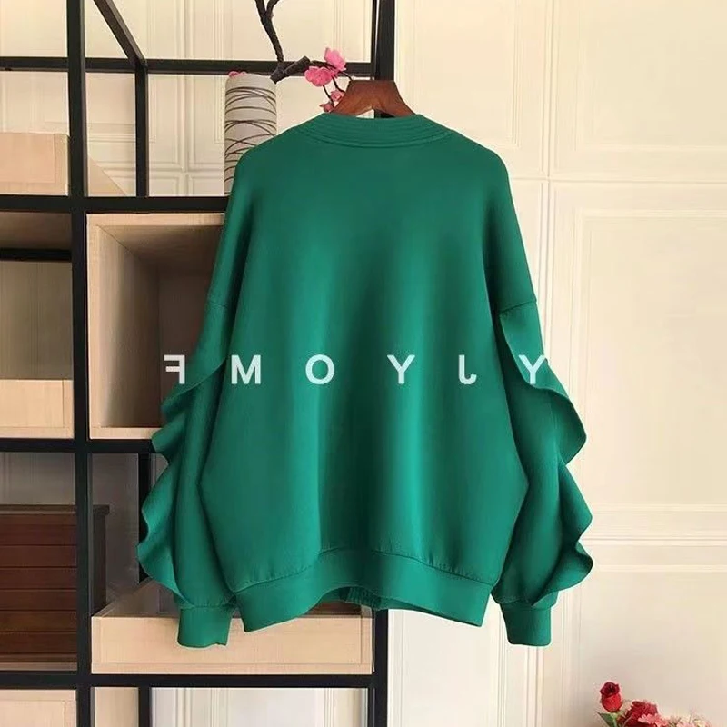 Women Korean Fashion Ruffles Print Oversized Sweatshirt Jacket Autumn Chic V Neck Long Sleeve Pockets Coat Sudaderas De Mujeres