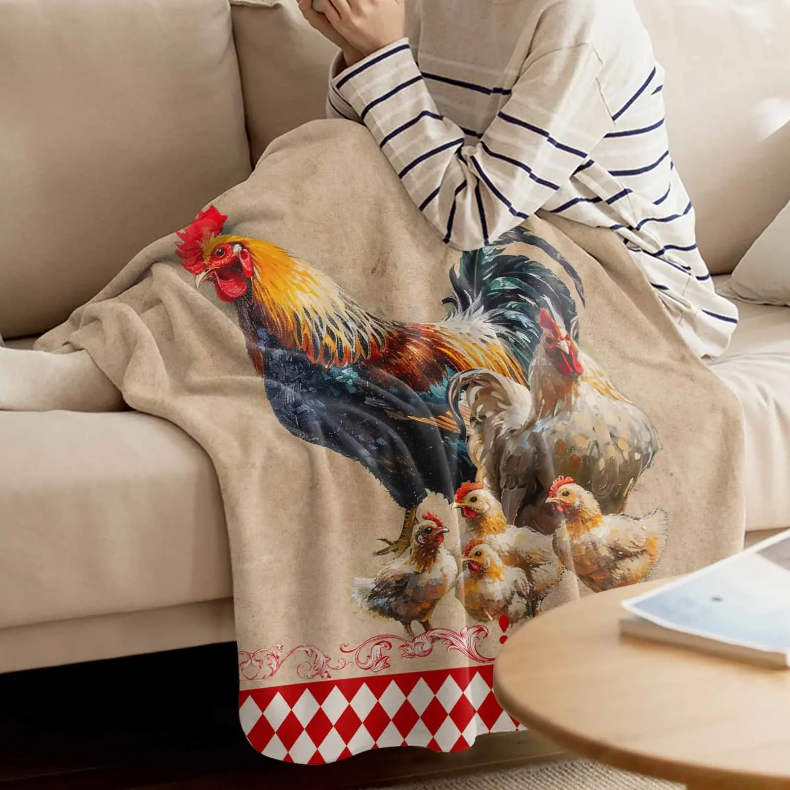 Retro Country Farm Rooster Hen Blankets Portable Soft Throw Blanket for Bed Office Bedspread Home Decor Flannel Blanket