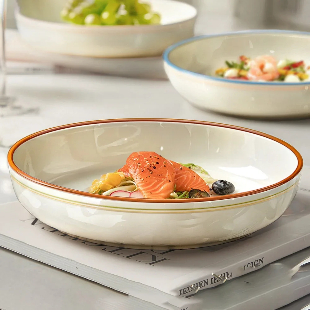 Creative Ceramic Plate Korean Style Ins Contrast Color Line Round Porcelain Household Dinnerware Dessert Cake Pasta Steak Plates