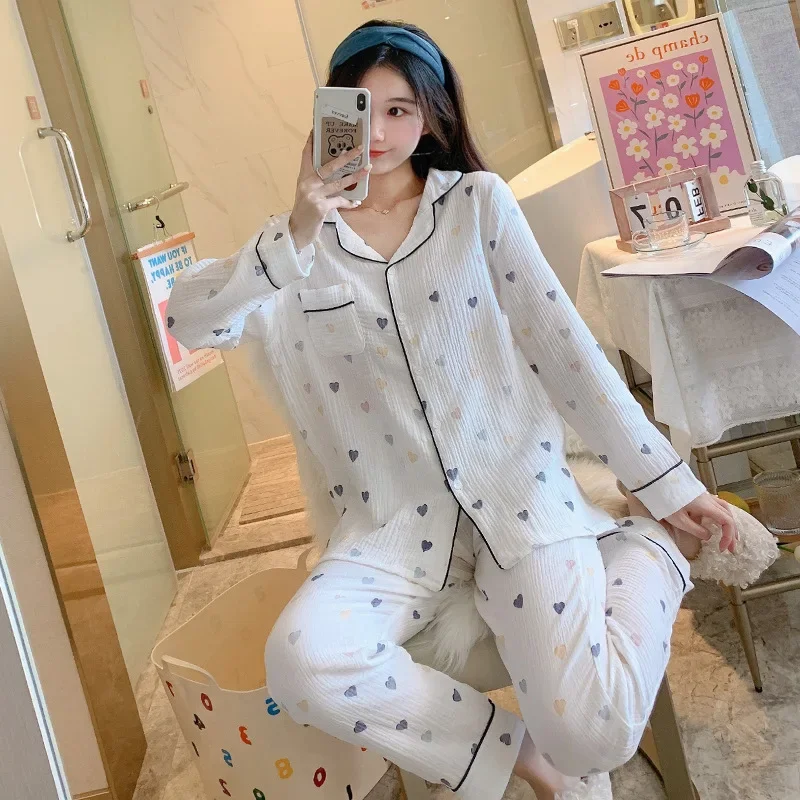 Spring kawaii heart print 100% cotton women\'s pajamas long sleeves pants Breathable soft Korean version sleepwear two piece-set