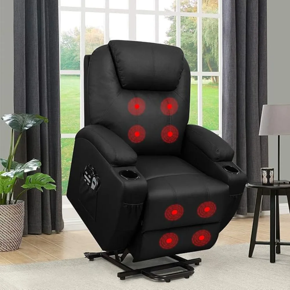 Lift Recliner Chair PU Leather with Massage for Elderly Ergonomic Lounge Chair Single Sofa with 2 Cup Holders Side Pockets