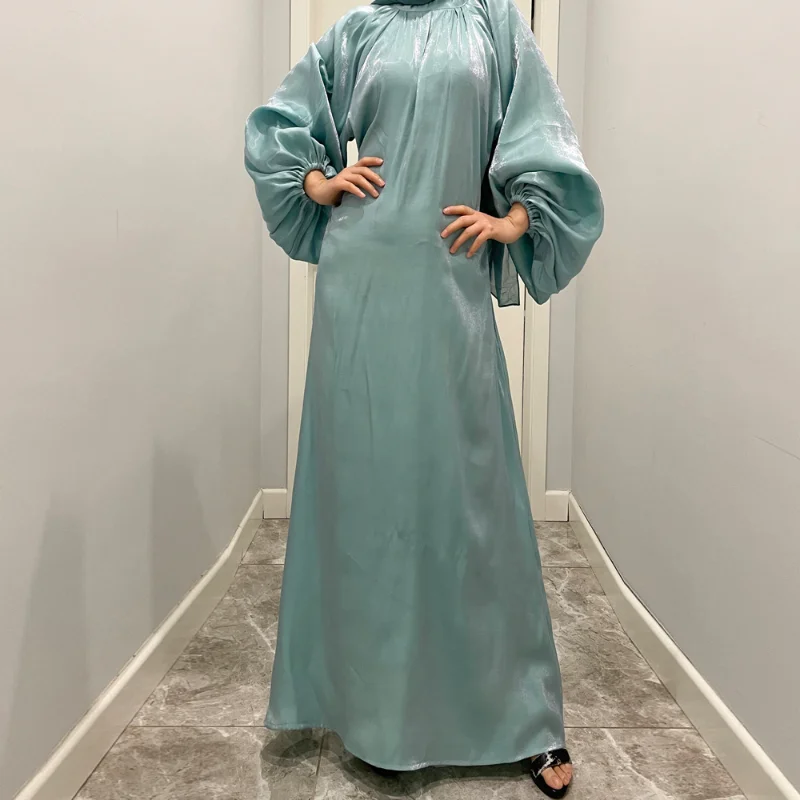 

Muslim Abayat Large Lantern Sleeve Bright Silk Long Dress with Back Tie Robe Femme Musulman Solid Women's Dress Dubai Morocco