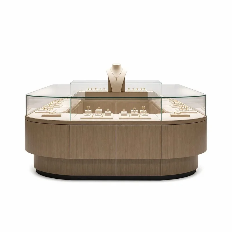custom.Customized Walnut Wood Jewelry Display Cabinet Tempered Glass Door LED Lighting Anti Theft Lock Eco Friendly Durable Recy