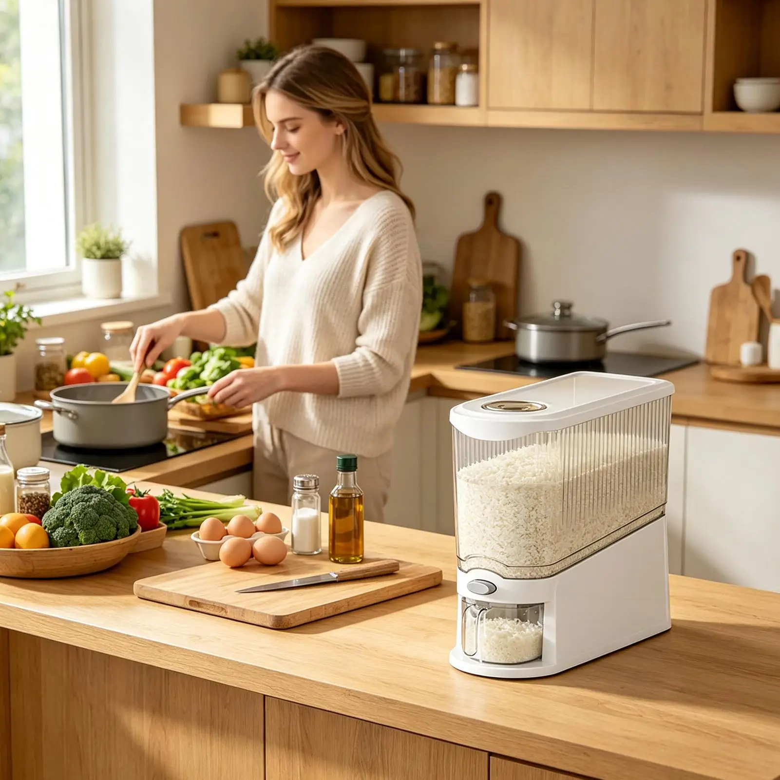 Rice Storage Dispenser 13.23lbs, Press-Type Airtight Container with Measuring Cup, Anti-Gnat Moisture-Proof Rice Organizer