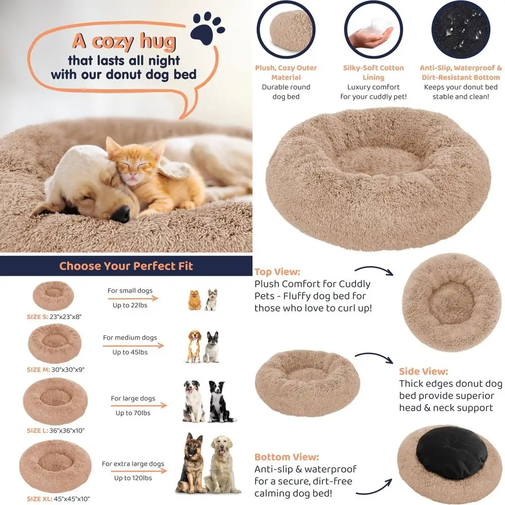 

Luxury Plush Dog Bed - Calming & Comfortable Round Nest for Small Dogs (Camel, Soft Circle)