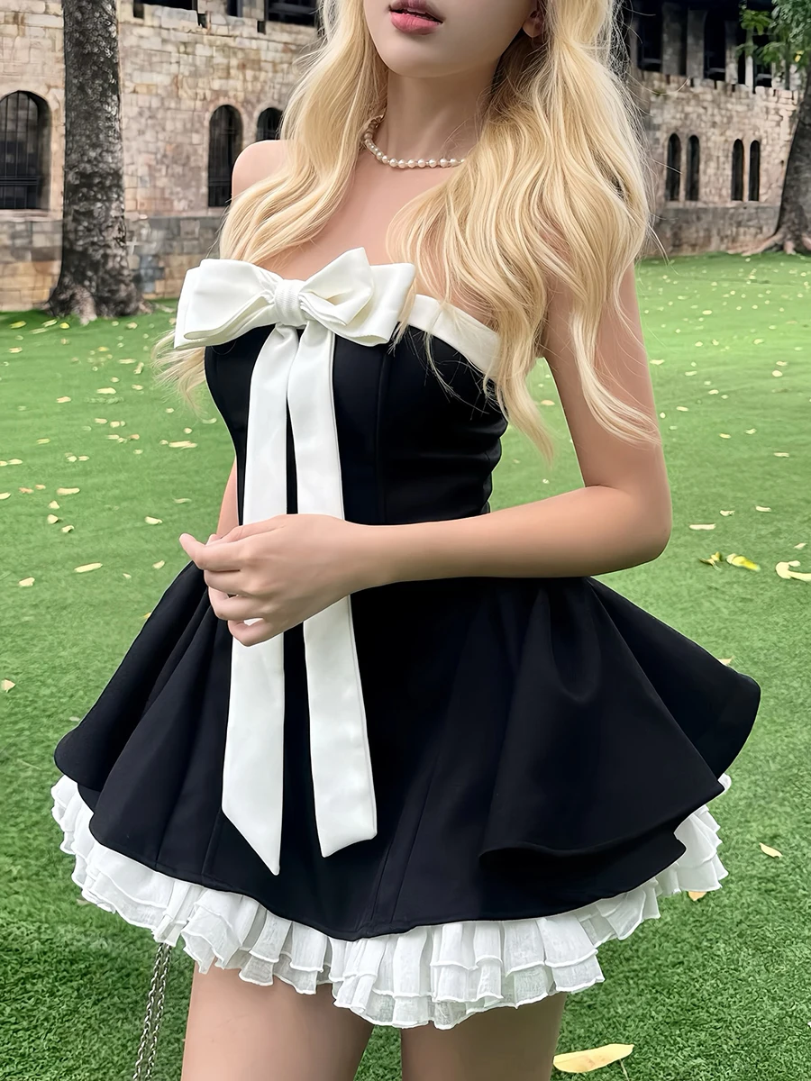 مجموعة تنورة نسائية من Weird Puss Sweet Girl Knot Tube Top ter Dr، ملابس عمل للطلاب