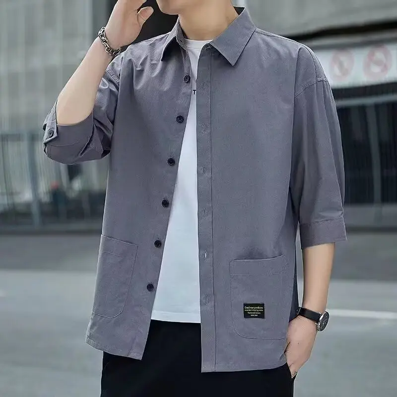 

Casual Loose Men's Workwear Shirt Jacket Summer Seven-Sleeve Trendy Polyester Fiber Standard Fit Four-Seasons Unisex Style