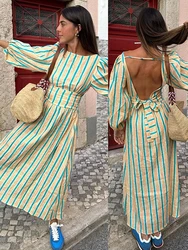 Striped Lace Up Women Dresses Short Sleeve Backless Female Dress 2024 Elegant O Neck Casual A Line High Waist Lady Vestidos